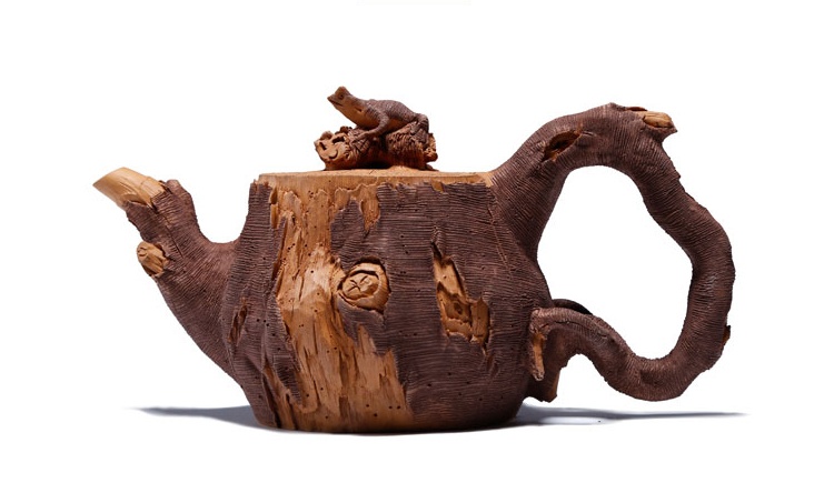 仿木外皮紫砂壺，創(chuàng)意木樁手工雕刻紫砂壺